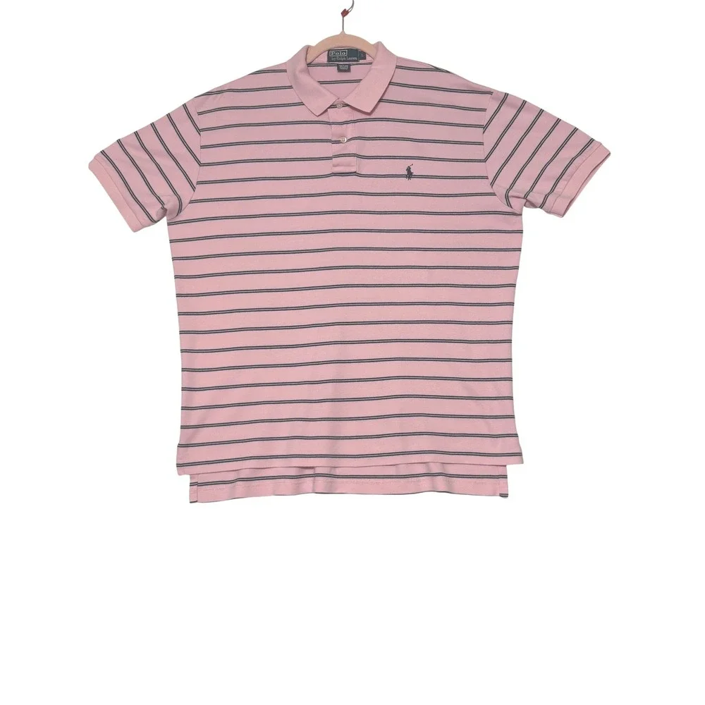 Polo Ralph Lauren Mens L Pink Navy Striped Short Sleeve Soft Cotton Polo Shirt